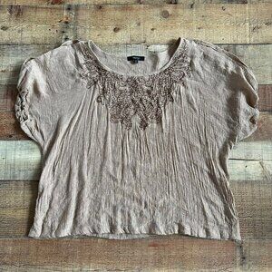 Verty Women's Brown Cold Shoulder Embroidered Beaded Top in Brown -L